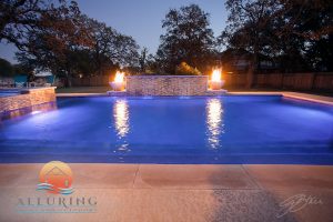 geometric pool with fire feature